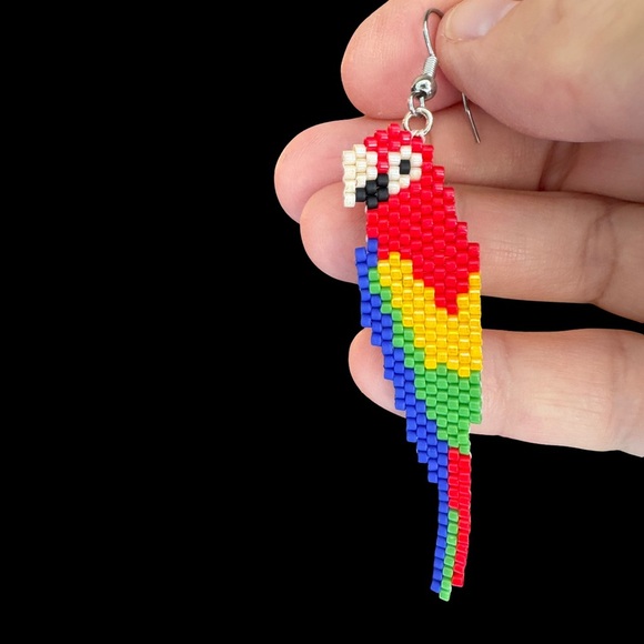 Hand Crafted Colorful Parrot Beaded Earrings - Picture 4 of 6